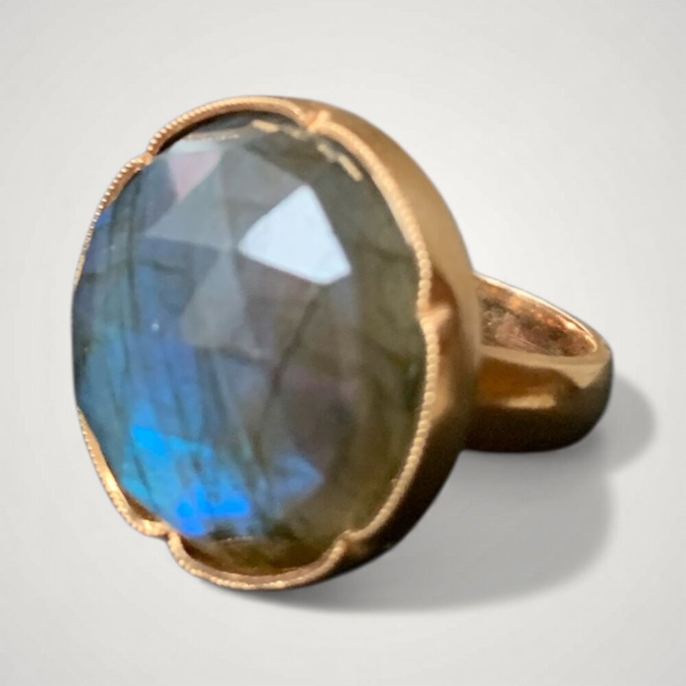 Irene Neuwirth large round rose-cut rainbow labrodorite in 18k rose gold ring